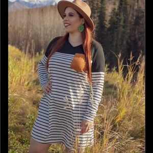 SHEIN Black and White Striped Tee with Brown Details